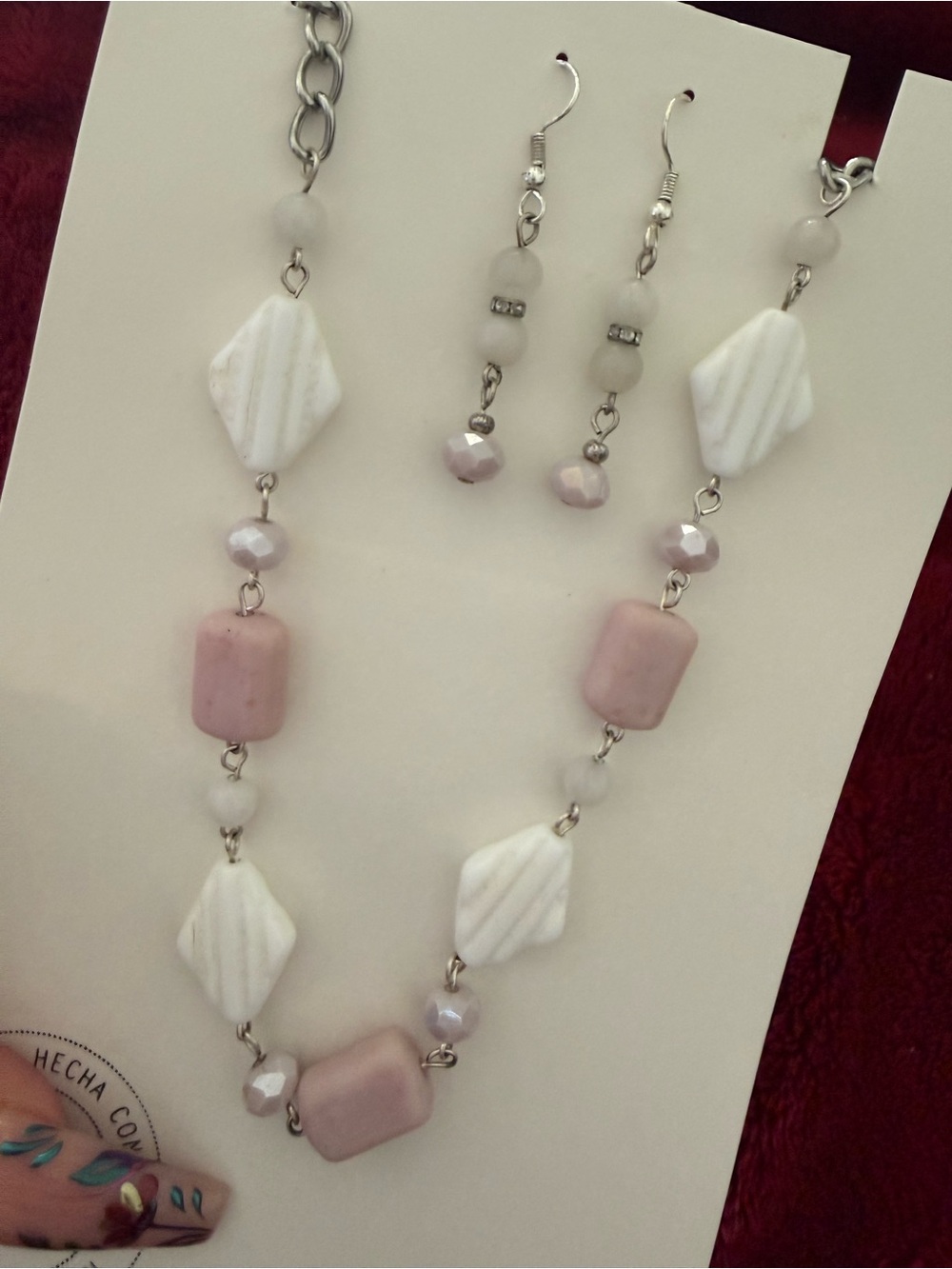 Handmade Pink and White Beaded Necklace and Earring Set